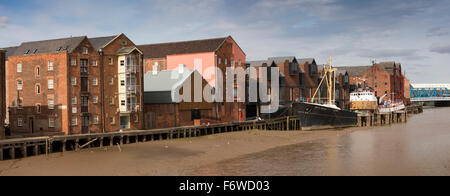 UK, England, Yorkshire, Hull, Museum Quarter, historic buildings and Arctic Corsair moored on River Hull, panoramic Stock Photo