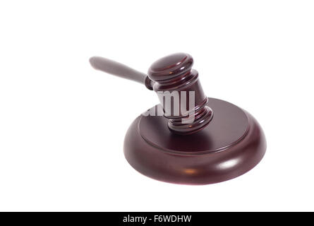 Wooden judge gavel and soundboard isolated on white background Stock Photo