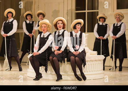 London, UK. 19 November 2015. L-R: Fiona Canfield as Peep-Bo,  Mary Bevan as Yum-Yum and Rachael Lloyd as Pitti-Sing. Dress rehearsal for the Gilbert and Sullivan comic opera The Mikado at the London Coliseum. Jonathan Miller's production of The Mikado returns to the Coliseum celebrating 200 performances on stage. Performances start on 21 November 2015 for 13 performances until 6 February 2016. With Robert Lloyd as The Midado, Anthony Gregory as Nanki-Poo, Richard Suart as Ko-Ko, Mary Bevan as Yum-Yum and Yvonne Howard as Katisha. Photo: Bettina Strenske Stock Photo