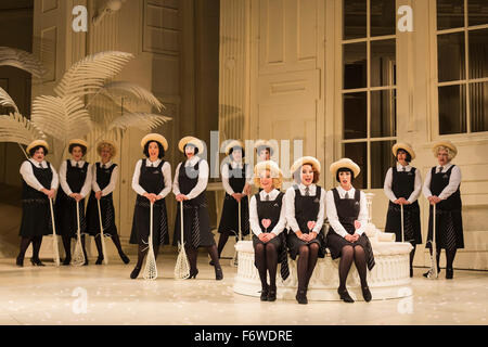 London, UK. 19 November 2015. L-R: Fiona Canfield as Peep-Bo,  Mary Bevan as Yum-Yum and Rachael Lloyd as Pitti-Sing. Dress rehearsal for the Gilbert and Sullivan comic opera The Mikado at the London Coliseum. Jonathan Miller's production of The Mikado returns to the Coliseum celebrating 200 performances on stage. Performances start on 21 November 2015 for 13 performances until 6 February 2016. With Robert Lloyd as The Midado, Anthony Gregory as Nanki-Poo, Richard Suart as Ko-Ko, Mary Bevan as Yum-Yum and Yvonne Howard as Katisha. Photo: Bettina Strenske Stock Photo