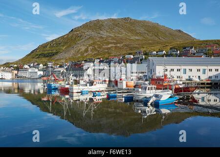 Fleet Of Commercial Fishing Boats Moored In Honningsvåg, Norway. Stock Photo