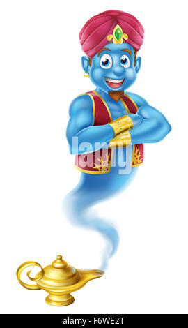 A Cartoon Genie like in the story of Aladdin coming out of a magic lamp Stock Photo