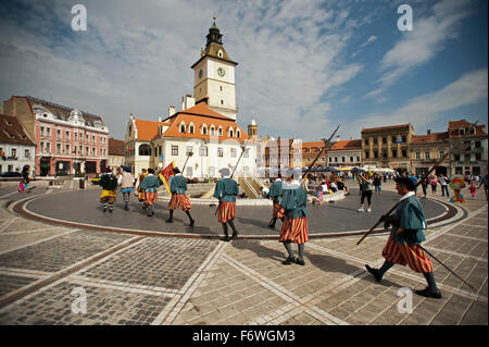 Tower brass band at Piata Sfatului in the historic centre, Brasov, Transylvania, Romania Stock Photo