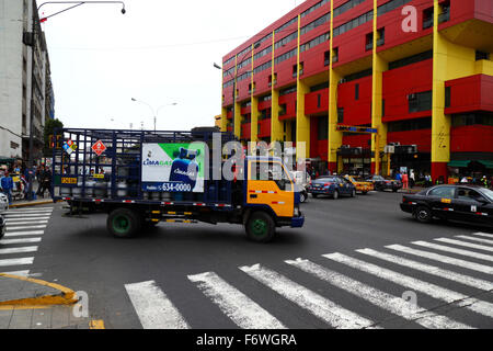 Limagas domestic gas delivery truck and traffic on Av Abancay in central Lima, Peru Stock Photo