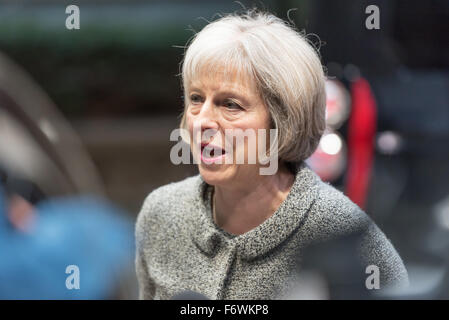 British Home Secretary Theresa May speaks to the press as she arrives for the Justice and Home Affairs Council at the EU Council headquarters in Brussels. (Photo by Jonathan Raa / Pacific Press) Stock Photo