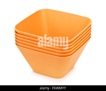 set of orange bamboo bowls, isolated on white Stock Photo