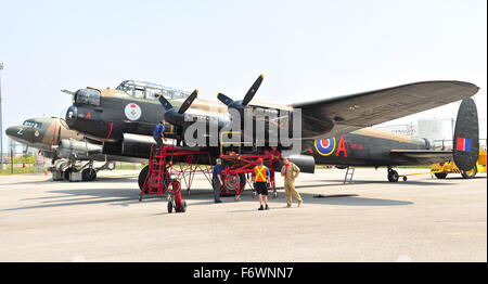 One of two of the world's only airworthy Lancaster bombers on the ground at Hamilton airport in Canada. Stock Photo