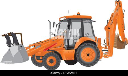 An Orange Bucket Excavator and Backhoe isolated on white Stock Vector
