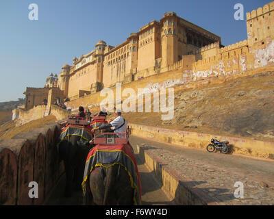 Strolling around the Amer Fort/Amber Fort Jaipur - Tourists enjoy their elephant ride around the spectacular Amer / Amber Fort. Stock Photo