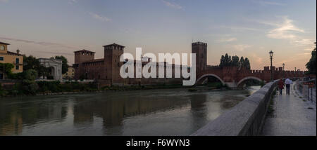 Sunset over Castelvecchio Castle and Bridge at sunset (Verona, Lombardy, Italy) Stock Photo