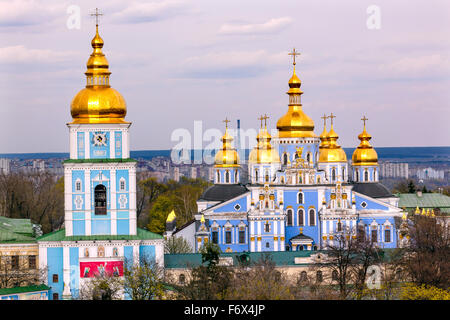 Saint Michael Monastery Cathedral Steeples Spires Tower Golden Dome Facade Kiev Ukraine. Stock Photo