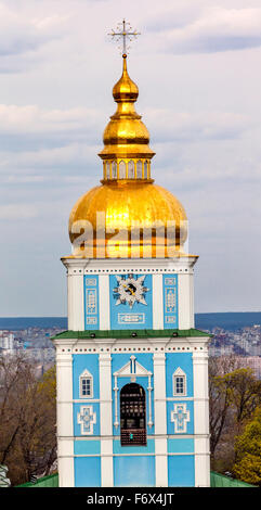Saint Michael Monastery Cathedral Tower Golden Domes Kiev Ukraine.  Saint Michael's is a functioning Greek Orthodox Monastery Stock Photo