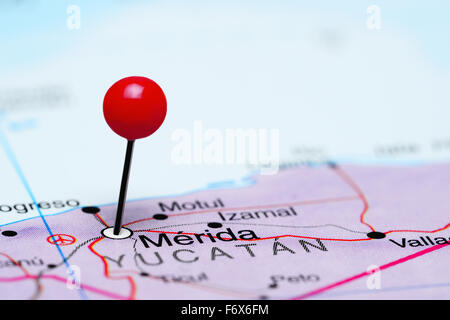 Merida pinned on a map of Mexico Stock Photo