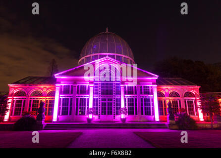 Brentford, London, UK. 20th Nov, 2015. The front of the Great Conservatory is illuminated. The Enchanted Woodland returns to Syon Park and House in Brentford on November 20th for its 10th year. An illuminated trail takes visitors through the Park and around Capability Brown's Serpentine River, ending at the 16th century Syon House and the Great Conservatory with lighting effects, illuminated trees and figures, and a laser show. Credit:  Imageplotter/Alamy Live News Stock Photo