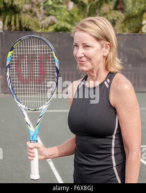 Boca Raton, Florida, US. 20th Nov, 2015. Tennis legend Chris Evert poses with her Wilson tennis racket, during media day, at the 26th Annual Chris Evert/Raymond James Pro-Celebrity Tennis Classic at the Boca Raton Resort & Club in Florida. Chris Evert Charities has raised almost $ 22 million for Florida's most at-risk children. Credit:  Arnold Drapkin/ZUMA Wire/Alamy Live News Stock Photo