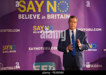 London, UK. 20 November 2015. Nigel Farage MEP, leader of the UK Independence Party (UKIP), speaks about a British exit of the European Union during the Say NO to the EU Tour at the Emmanuel Centre in London. Stock Photo