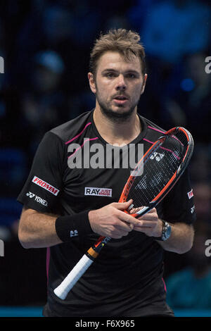 London, UK. 21st Nov, 2015. ATP Tennis Tour Finals. Day 6. Stan Wawrinka (SUI) [4] in his match with Andy Murray (GBR) [2]. Wawrinka won the match 7-6, 6-4. Credit:  Action Plus Sports Images/Alamy Live News Stock Photo