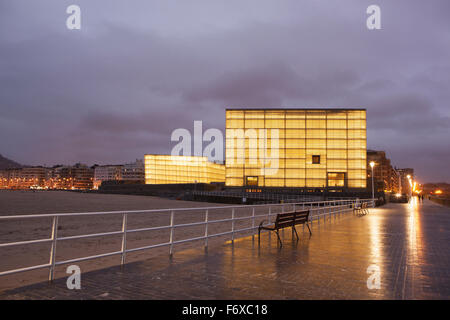 The two glass cubes of the Kursaal, cultural centre, which rise next to the Rio Urumea and the Zurriola beach in the Gros district of the city Stock Photo