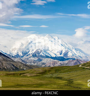 Scenic view of Denali and Thorofare Pass as seen from Stony Hill, Denali National Park, Interior Alaska, Summer Stock Photo