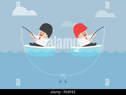 Businessman and his rival having trouble with fishing rod, VECTOR, EPS10 Stock Vector