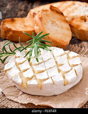 Baked Camembert cheese with rosemary and toast rubbed with garlic Stock Photo