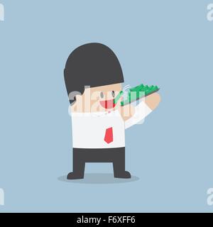 Businessman eating dollars, Corruption and greed concept, VECTOR, EPS10 Stock Vector