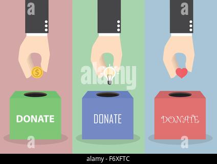 Businessman hand putting coin, light bulb and heart into the box, Donation concept, VECTOR, EPS10 Stock Vector