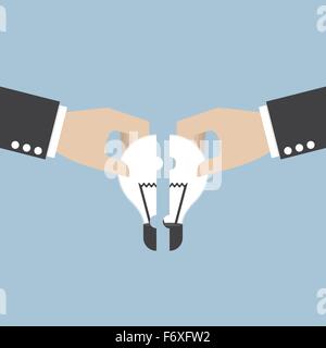 Businessman hands assembling pieces of light bulb jigsaw puzzle, teamwork, brainstorm concept, VECTOR, EPS10 Stock Vector