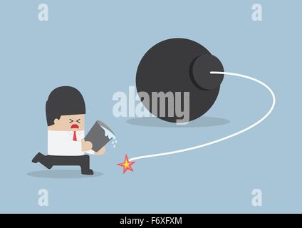 Businessman holding water bucket and trying to stop the bomb, VECTOR, EPS10 Stock Vector