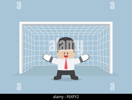 Businessman playing goalkeeper standing in front of goal ready to block the ball, VECTOR, EPS10 Stock Vector