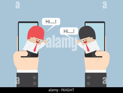 Two businessmen communicate on smartphone with speech bubble, VECTOR, EPS10 Stock Vector