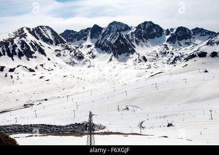 Snowed Mountains in the Pyrenees, and ski slopes in Pas de la Casa, Andorra. Stock Photo