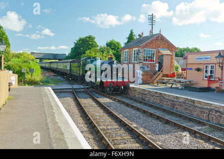 Ex GWR steam loco 7828 'Odney Manor' arriving at Williton with a train for Minehead on the West Somerset Railway, England, UK Stock Photo