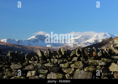 Snowdon mountain with covering of snow in snowdonia national park Wales Stock Photo