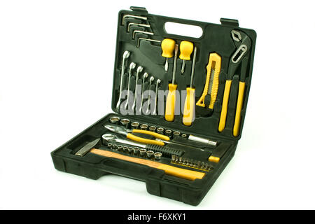 Set of various chrome yellow tools in box isolated on white Stock Photo