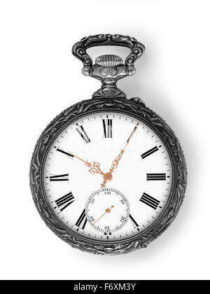 Ancient silver pocket watch with golden hands isolated on white with clipping path Stock Photo