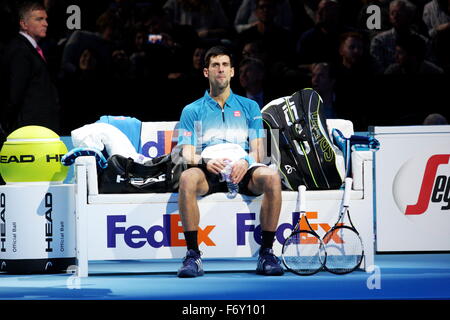 London, UK. 21st Nov, 2015. Barclays ATP World Tour Finals, Novak Djokovic (SRB) during break in Day 7 Semi-finals match with Novak Djokovic (SRB) winning. O2 Arena, London, UK. 21 November 2015. Credit:  Grant Burton/Alamy Live News Stock Photo