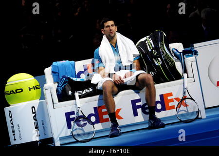 London, UK. 21st Nov, 2015. Barclays ATP World Tour Finals, Novak Djokovic (SRB) during break in Day 7 Semi-finals match with Novak Djokovic (SRB) winning. O2 Arena, London, UK. 21 November 2015. Credit:  Grant Burton/Alamy Live News Stock Photo