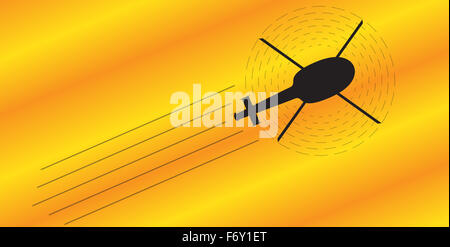 A silhouette of a helicopter flying on an orange and yellow background Stock Photo