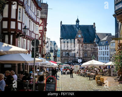 Market square with historical Town Hall in University City of Marburg, Germany Stock Photo