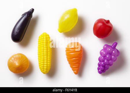 still life image of plastic kids fruit and vegetable toys Stock Photo