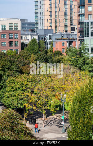 View of Jamison Plaza from the Ecotrust building terrace in the Pearl District of Portland, Oregon. Stock Photo