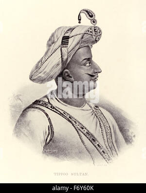 Tippoo (aka Tipu),  Sultan (1750-1799), eldest son of Sultan Hyder Ali of Mysore (see image F0E6FA) and ruler of the Kingdom of Mysore (coronation 1782). Tippoo expanded the iron-cased Mysorean rockets and wrote the military manual 'Fathul Mujahidin', considered a pioneer in the use of rocket artillery. He deployed the rockets against advances of British forces and their allies in their 1792 and 1799 Siege of Srirangapatna where he met his death. Stock Photo