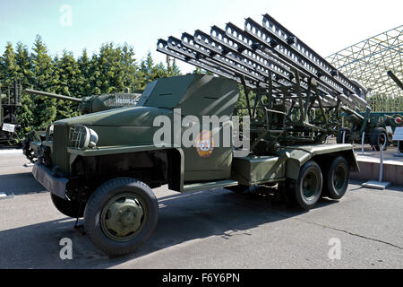 A WWII Soviet BM-13N Katyusha multiple rocket launcher in the Exposition of Military Equipment in Park Pobedy, Moscow, Russia. Stock Photo
