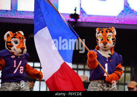 The Clemson Tiger Mascot waves the French national flag in honor of the terrorist attacks in Paris, France before the NCAA college football game between Wake Forest and Clemson on Saturday Nov. 21, 2015 at Memorial Stadium, in Clemson, S.C. Jacob Kupferman/CSM Stock Photo