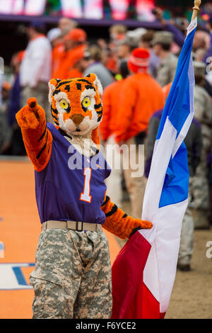 The Clemson Tiger Mascot waves the French national flag in honor of the terrorist attacks in Paris, France before the NCAA college football game between Wake Forest and Clemson on Saturday Nov. 21, 2015 at Memorial Stadium, in Clemson, S.C. Jacob Kupferman/CSM Stock Photo