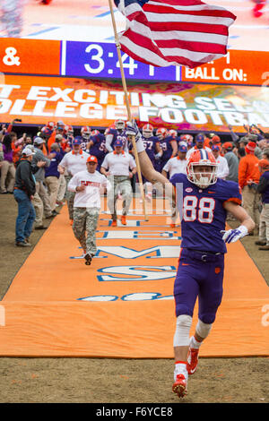 Clemson wide receiver Sean Mac Lain (88) carries the American flag in honor of military servicemen during military appreciation day during the NCAA college football game between Wake Forest and Clemson on Saturday Nov. 21, 2015 at Memorial Stadium, in Clemson, S.C. Jacob Kupferman/CSM Stock Photo