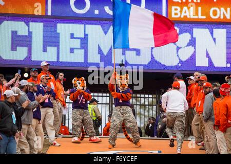 The Clemson Tiger Mascot waves the French national flag in honor of the terrorist attacks in Paris, France before the NCAA college football game between Wake Forest and Clemson on Saturday Nov. 21, 2015 at Memorial Stadium, in Clemson, S.C. Jacob Kupferman/CSM Stock Photo