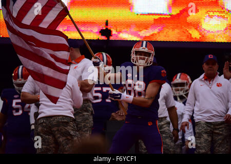 Clemson wide receiver Sean Mac Lain (88) carries the American flag in honor of military servicemen for military appreciation day during the NCAA college football game between Wake Forest and Clemson on Saturday Nov. 21, 2015 at Memorial Stadium, in Clemson, S.C. Jacob Kupferman/CSM Stock Photo