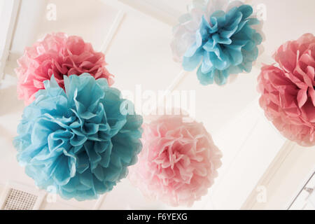 Pink and Blue Tissue Paper Pom Poms hanging from roof rafters, perfect image for celebrations, baby showers etc Stock Photo